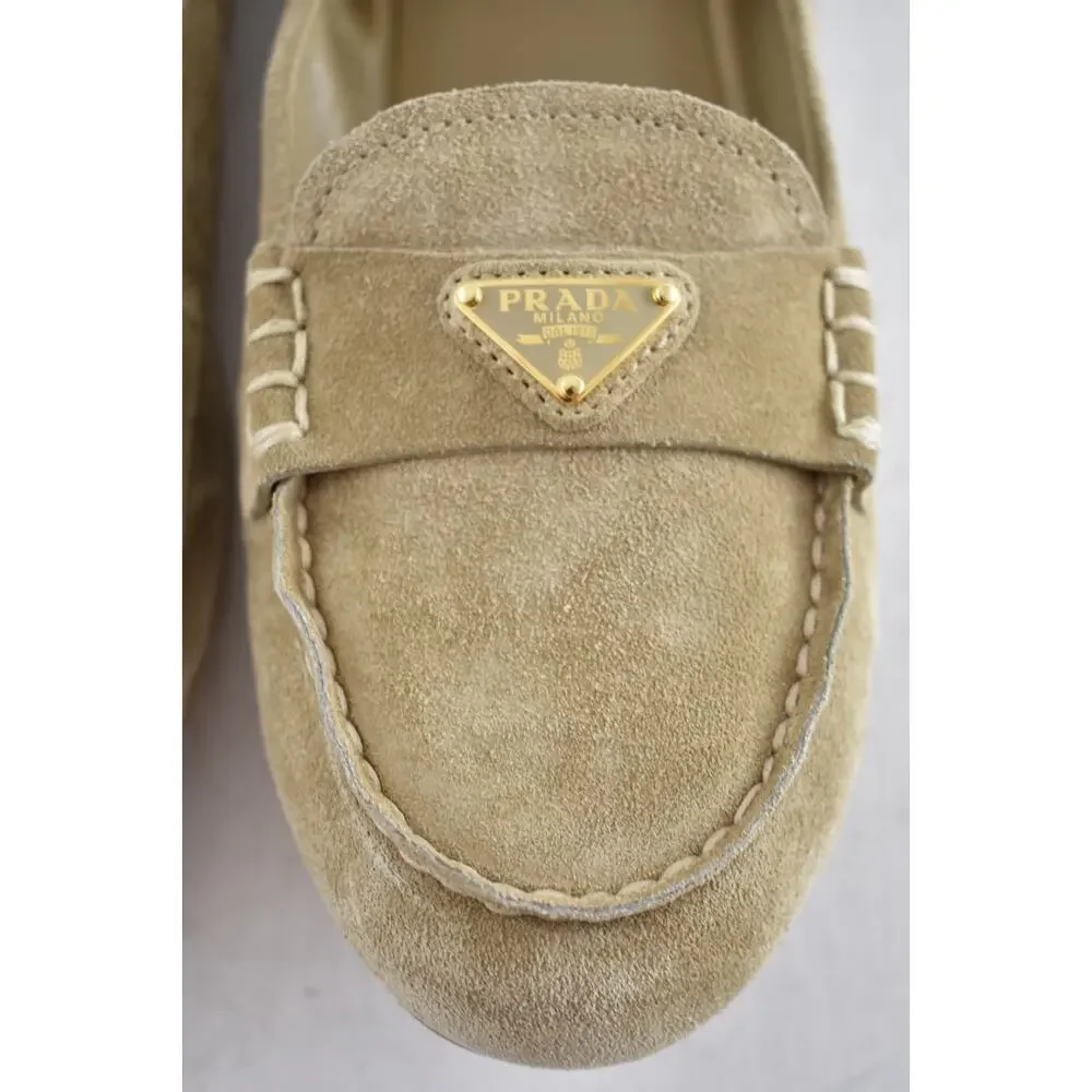 Prada Ecru Beige Suede Logo Scrunch Loafer Ballerina Ballet Moccasin Flat 38 - Picture 13 of 16